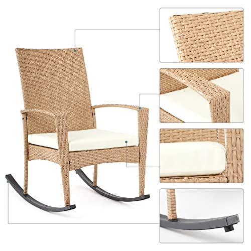 Mondeer Garten Schaukelstuhl, Outdoor GartenStuhl Schwingsessel mit Kissen Abnehmbares und Armlehnen, Polyrattan, für Garten Balkon Terrasse, Beige, 57 x 85 x 96 cm - 8