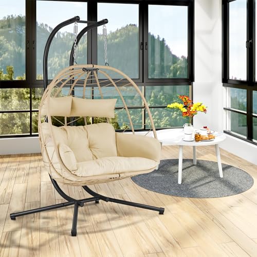 HinHocker Hängesessel für 2 Personen mit Gestell | Creme | XXL Hängeschaukel für Indoor und Outdoor | Inkl. Kissen und Auflagepolster | Hängesessel Outdoor, Gartenschaukel, Schaukelstuhl - 2