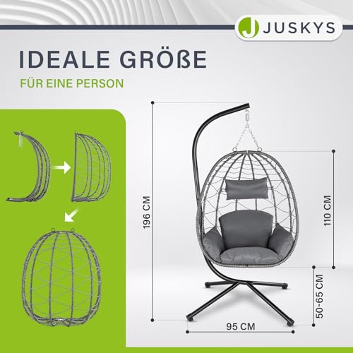 Juskys Hängesessel Aria mit Gestell höhenverstellbar, faltbar & ergonomisch - Outdoor & Indoor - bis 130 kg - Polyrattan Korbhängesessel inkl. Kissen - Grau - 2