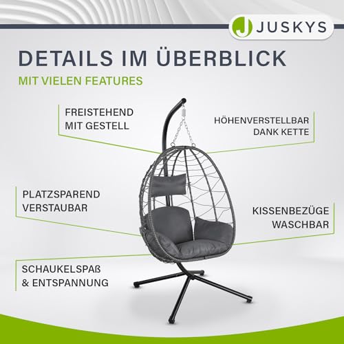 Juskys Hängesessel Aria mit Gestell höhenverstellbar, faltbar & ergonomisch - Outdoor & Indoor - bis 130 kg - Polyrattan Korbhängesessel inkl. Kissen - Grau - 3