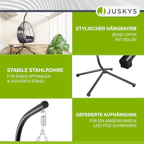 Juskys Hängesessel Aria mit Gestell höhenverstellbar, faltbar & ergonomisch - Outdoor & Indoor - bis 130 kg - Polyrattan Korbhängesessel inkl. Kissen - Grau - 5