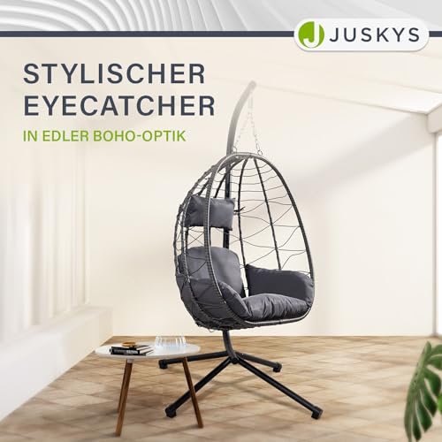 Juskys Hängesessel Aria mit Gestell höhenverstellbar, faltbar & ergonomisch - Outdoor & Indoor - bis 130 kg - Polyrattan Korbhängesessel inkl. Kissen - Grau - 7