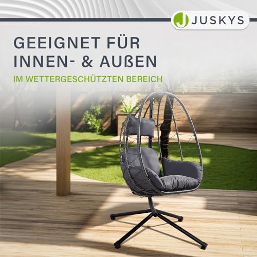 Juskys Hängesessel Aria mit Gestell höhenverstellbar, faltbar & ergonomisch - Outdoor & Indoor - bis 130 kg - Polyrattan Korbhängesessel inkl. Kissen - Grau - 8