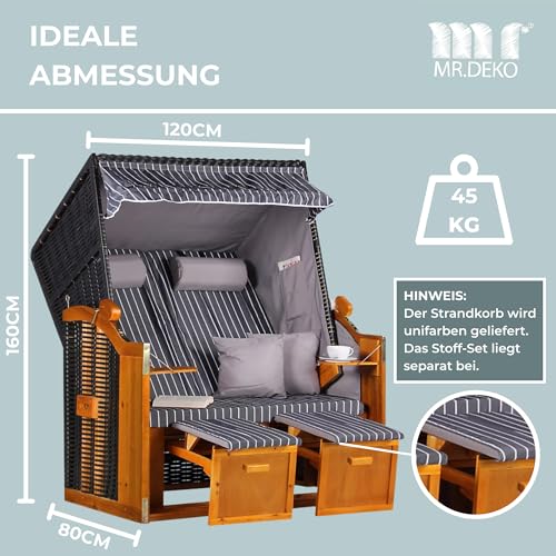 MR. DEKO® Strandkorb Ostsee 2-Sitzer Anthrazit | Volllieger Gartenmöbel | Polyrattan Hartholz | Komfortabler Sonnenkorb für Terrasse und Balkon | Inkl. 2 Klapptische und Kissen Royal Anthrazit - 2