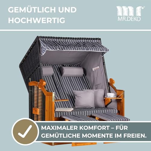 MR. DEKO® Strandkorb Ostsee 2-Sitzer Anthrazit | Volllieger Gartenmöbel | Polyrattan Hartholz | Komfortabler Sonnenkorb für Terrasse und Balkon | Inkl. 2 Klapptische und Kissen Royal Anthrazit - 3