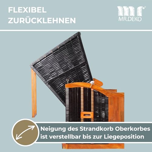 MR. DEKO® Strandkorb Ostsee 2-Sitzer Anthrazit | Volllieger Gartenmöbel | Polyrattan Hartholz | Komfortabler Sonnenkorb für Terrasse und Balkon | Inkl. 2 Klapptische und Kissen Royal Anthrazit - 4