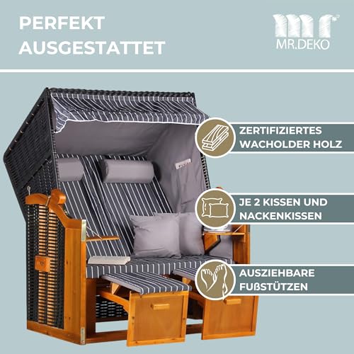 MR. DEKO® Strandkorb Ostsee 2-Sitzer Anthrazit | Volllieger Gartenmöbel | Polyrattan Hartholz | Komfortabler Sonnenkorb für Terrasse und Balkon | Inkl. 2 Klapptische und Kissen Royal Anthrazit - 6