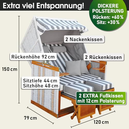 BRAST® Strandkorb Norderney Deluxe für 2 Personen | 120cm breit | 4 Designs | inkl. wetterfeste Abdeckhaube | verstellbare Rückenlehne Fußkissen | Grau/Weiß - gestreift - 2