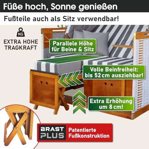 BRAST® Strandkorb Norderney Deluxe für 2 Personen | 120cm breit | 4 Designs | inkl. wetterfeste Abdeckhaube | verstellbare Rückenlehne Fußkissen | Grau/Weiß - gestreift - 3