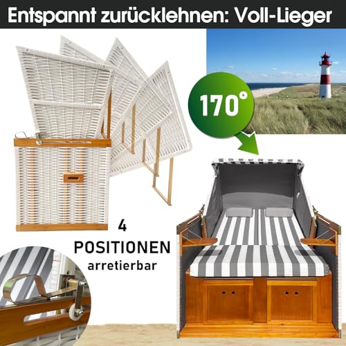 BRAST® Strandkorb Norderney Deluxe für 2 Personen | 120cm breit | 4 Designs | inkl. wetterfeste Abdeckhaube | verstellbare Rückenlehne Fußkissen | Grau/Weiß - gestreift - 4