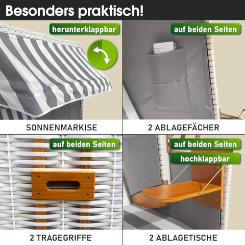 BRAST® Strandkorb Norderney Deluxe für 2 Personen | 120cm breit | 4 Designs | inkl. wetterfeste Abdeckhaube | verstellbare Rückenlehne Fußkissen | Grau/Weiß - gestreift - 5