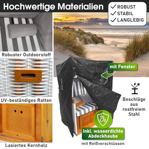 BRAST® Strandkorb Norderney Deluxe für 2 Personen | 120cm breit | 4 Designs | inkl. wetterfeste Abdeckhaube | verstellbare Rückenlehne Fußkissen | Grau/Weiß - gestreift - 6