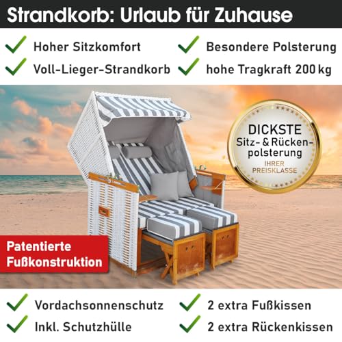 BRAST® Strandkorb Norderney Deluxe für 2 Personen | 120cm breit | 4 Designs | inkl. wetterfeste Abdeckhaube | verstellbare Rückenlehne Fußkissen | Grau/Weiß - gestreift - 7