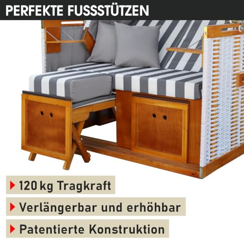 BRAST® Strandkorb Norderney Deluxe für 2 Personen | 120cm breit | 4 Designs | inkl. wetterfeste Abdeckhaube | verstellbare Rückenlehne Fußkissen | Grau/Weiß - gestreift - 9