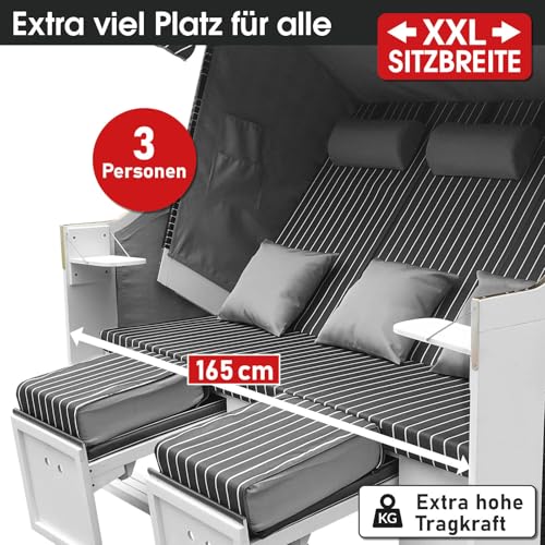 BRAST® Strandkorb Usedom 3-Sitzer XXL für 2-3 Personen | 165cm breit | 5 Designs | inkl. wetterfeste Abdeckhaube | verstellbare Rückenlehne Fußkissen | Anthrazit/Grau - gestreift - 3