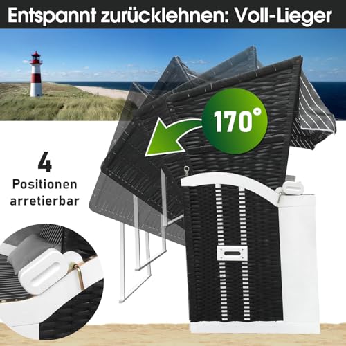 BRAST® Strandkorb Usedom 3-Sitzer XXL für 2-3 Personen | 165cm breit | 5 Designs | inkl. wetterfeste Abdeckhaube | verstellbare Rückenlehne Fußkissen | Anthrazit/Grau - gestreift - 4