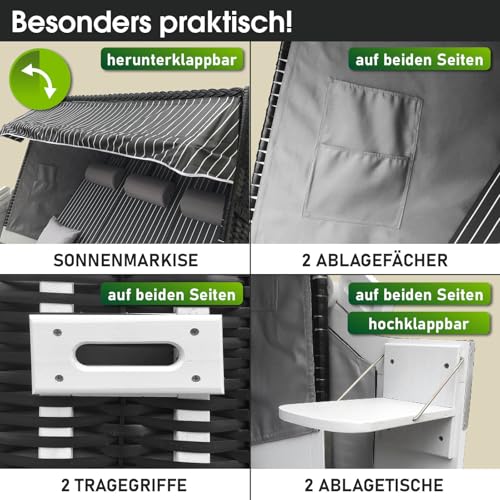BRAST® Strandkorb Usedom 3-Sitzer XXL für 2-3 Personen | 165cm breit | 5 Designs | inkl. wetterfeste Abdeckhaube | verstellbare Rückenlehne Fußkissen | Anthrazit/Grau - gestreift - 5