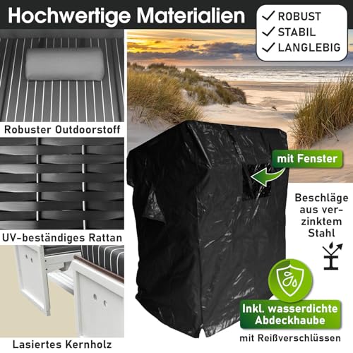 BRAST® Strandkorb Usedom 3-Sitzer XXL für 2-3 Personen | 165cm breit | 5 Designs | inkl. wetterfeste Abdeckhaube | verstellbare Rückenlehne Fußkissen | Anthrazit/Grau - gestreift - 6