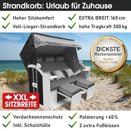BRAST® Strandkorb Usedom 3-Sitzer XXL für 2-3 Personen | 165cm breit | 5 Designs | inkl. wetterfeste Abdeckhaube | verstellbare Rückenlehne Fußkissen | Anthrazit/Grau - gestreift - 7