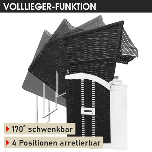 BRAST® Strandkorb Usedom 3-Sitzer XXL für 2-3 Personen | 165cm breit | 5 Designs | inkl. wetterfeste Abdeckhaube | verstellbare Rückenlehne Fußkissen | Anthrazit/Grau - gestreift - 8