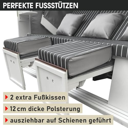 BRAST® Strandkorb Usedom 3-Sitzer XXL für 2-3 Personen | 165cm breit | 5 Designs | inkl. wetterfeste Abdeckhaube | verstellbare Rückenlehne Fußkissen | Anthrazit/Grau - gestreift - 9