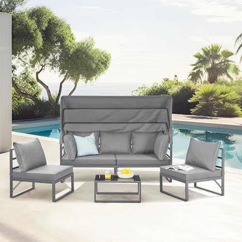 SVITA Maui Gartenmöbel-Lounge-Set mit Dach Outdoor-Sofa Strandkorb-Sonneninsel Stahl Hellgrau - 2