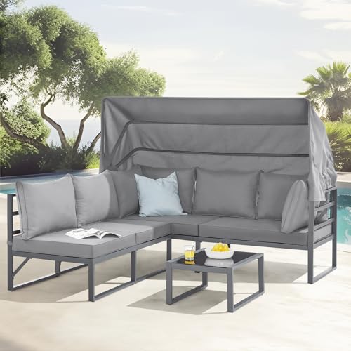 SVITA Maui Gartenmöbel-Lounge-Set mit Dach Outdoor-Sofa Strandkorb-Sonneninsel Stahl Hellgrau - 3