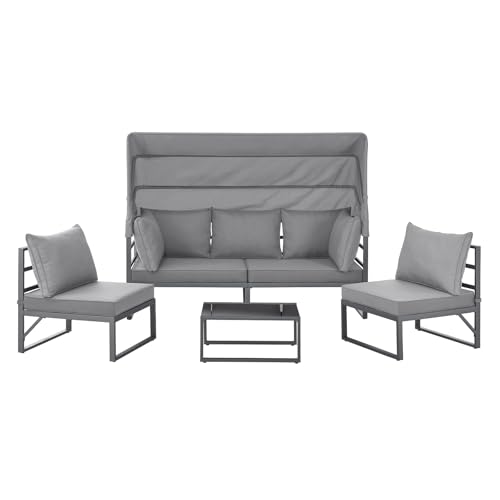 SVITA Maui Gartenmöbel-Lounge-Set mit Dach Outdoor-Sofa Strandkorb-Sonneninsel Stahl Hellgrau - 4