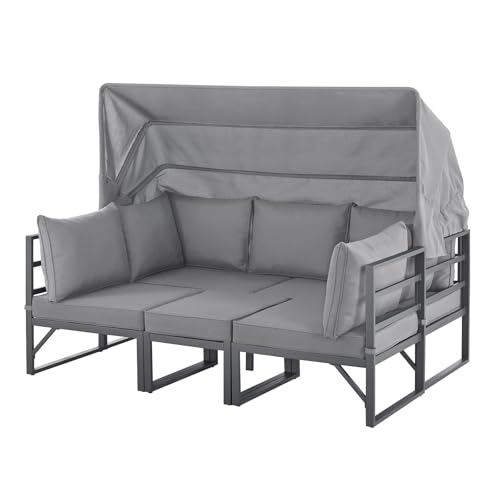 SVITA Maui Gartenmöbel-Lounge-Set mit Dach Outdoor-Sofa Strandkorb-Sonneninsel Stahl Hellgrau - 5