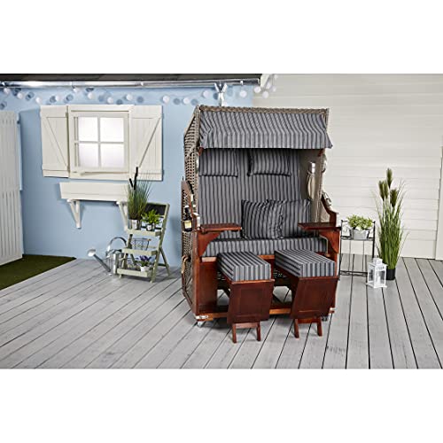 Webavita Strandkorb Mallorca Pinienholz | 2-Sitzer | Montiert mit Schutzhülle | Geflecht Grau, Bezug: Anthrazit Gestreift | Halblieger | Beach Chair für den Garten Terrasse Balkon - 2