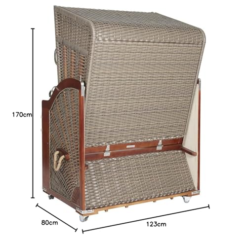 Webavita Strandkorb Mallorca Pinienholz | 2-Sitzer | Montiert mit Schutzhülle | Geflecht Grau, Bezug: Anthrazit Gestreift | Halblieger | Beach Chair für den Garten Terrasse Balkon - 3