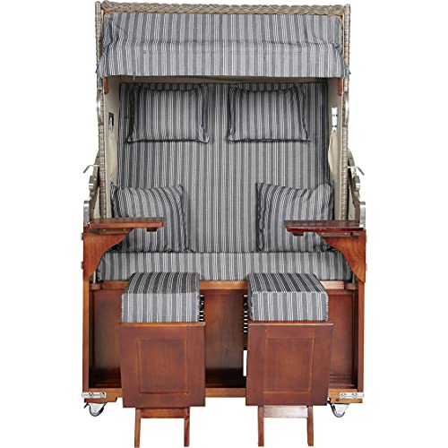 Webavita Strandkorb Mallorca Pinienholz | 2-Sitzer | Montiert mit Schutzhülle | Geflecht Grau, Bezug: Anthrazit Gestreift | Halblieger | Beach Chair für den Garten Terrasse Balkon - 4