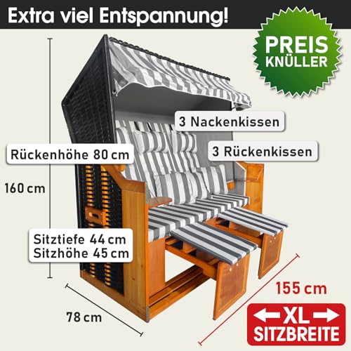 BRAST® Strandkorb Ostsee 3-Sitzer XL für 2-3 Personen | 155cm breit | 2 Designs | Tragkraft bis zu 500kg | verstellbare Rückenlehne | Grau/Weiß - gestreift - 2