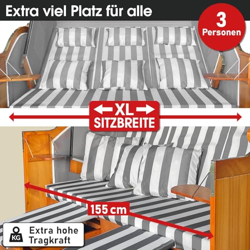 BRAST® Strandkorb Ostsee 3-Sitzer XL für 2-3 Personen | 155cm breit | 2 Designs | Tragkraft bis zu 500kg | verstellbare Rückenlehne | Grau/Weiß - gestreift - 3