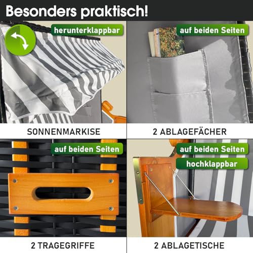 BRAST® Strandkorb Ostsee 3-Sitzer XL für 2-3 Personen | 155cm breit | 2 Designs | Tragkraft bis zu 500kg | verstellbare Rückenlehne | Grau/Weiß - gestreift - 4