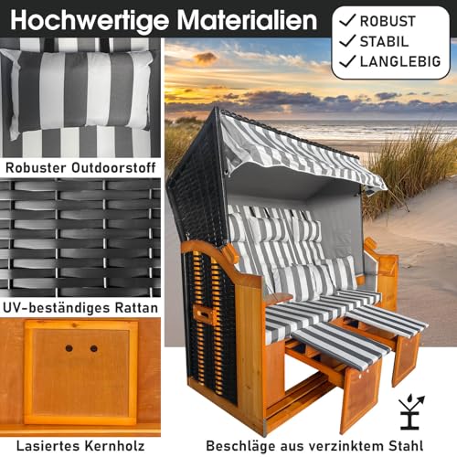 BRAST® Strandkorb Ostsee 3-Sitzer XL für 2-3 Personen | 155cm breit | 2 Designs | Tragkraft bis zu 500kg | verstellbare Rückenlehne | Grau/Weiß - gestreift - 5