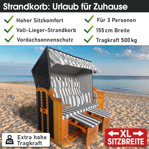 BRAST® Strandkorb Ostsee 3-Sitzer XL für 2-3 Personen | 155cm breit | 2 Designs | Tragkraft bis zu 500kg | verstellbare Rückenlehne | Grau/Weiß - gestreift - 6