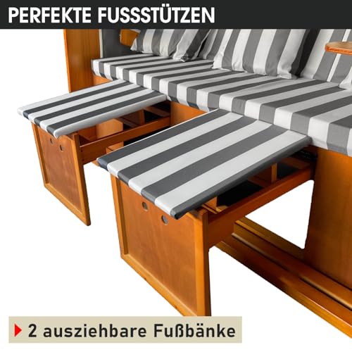 BRAST® Strandkorb Ostsee 3-Sitzer XL für 2-3 Personen | 155cm breit | 2 Designs | Tragkraft bis zu 500kg | verstellbare Rückenlehne | Grau/Weiß - gestreift - 7
