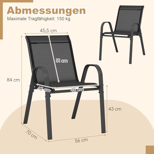 COSTWAY 4er Set Gartenstühle stapelbar, Stapelstühle aus Textilene und Metallgestell, Terrassenstühle mit Armlehnen, Balkonstühle bis 150 kg belastbar, 56 x 70 x 84 cm (Schwarz) - 3