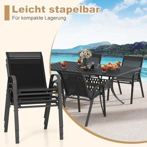 COSTWAY 4er Set Gartenstühle stapelbar, Stapelstühle aus Textilene und Metallgestell, Terrassenstühle mit Armlehnen, Balkonstühle bis 150 kg belastbar, 56 x 70 x 84 cm (Schwarz) - 5