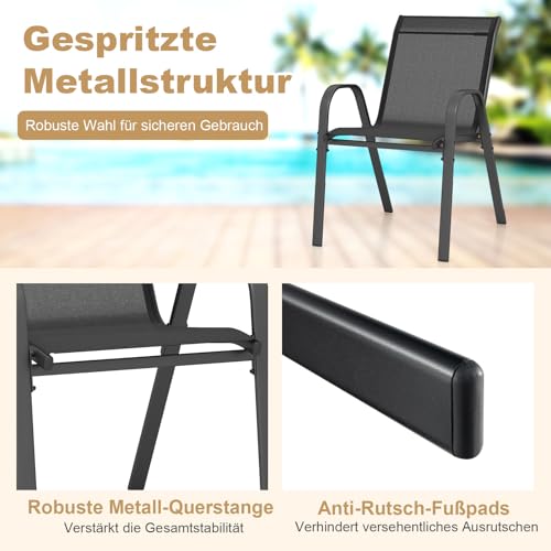 COSTWAY 4er Set Gartenstühle stapelbar, Stapelstühle aus Textilene und Metallgestell, Terrassenstühle mit Armlehnen, Balkonstühle bis 150 kg belastbar, 56 x 70 x 84 cm (Schwarz) - 6