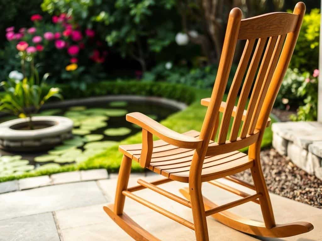 Gartenschaukelstuhl vor einem Gartenteich Gartenschaukelstuhl vor einem Gartenteich